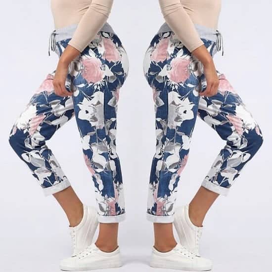 Sarah Floral Print Cotton Joggers - Dark Blue