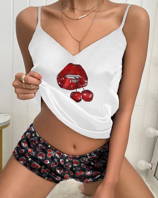Rouge Lip Print Strap Tanks With Lips Shorts Suit Sets