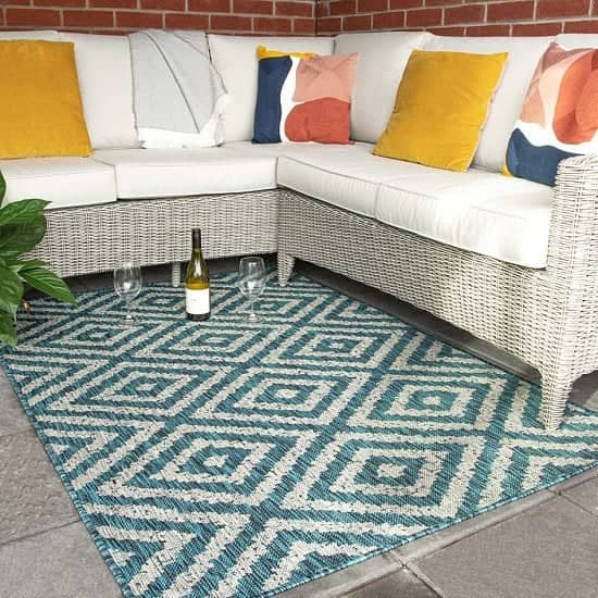 Better for sitting with friends in the garden - Blue Geometric Indoor Outdoor Weatherproof Rugs!