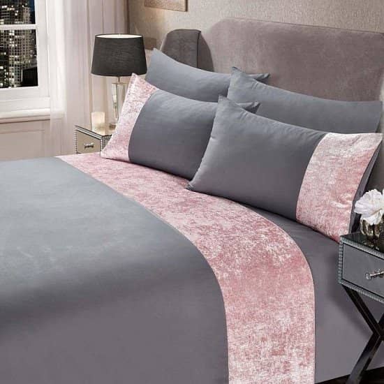 Crushed Velvet Band Duvet Set - Silver/Blush Pink