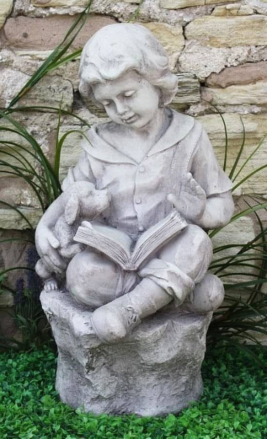 Grey Stone Effect Boy Reading On Stone Sculpture Statue Garden Ornament