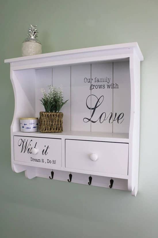 Feature Wall Display Unit - White with Hooks, Drawers & Shelf