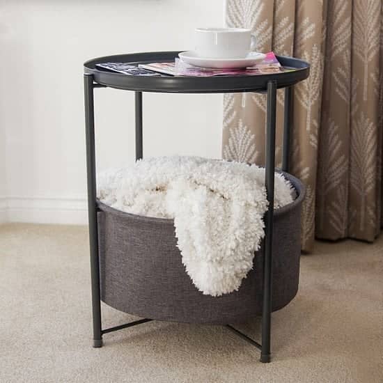 Circular End Table with Fabric Storage Basket Dark Grey