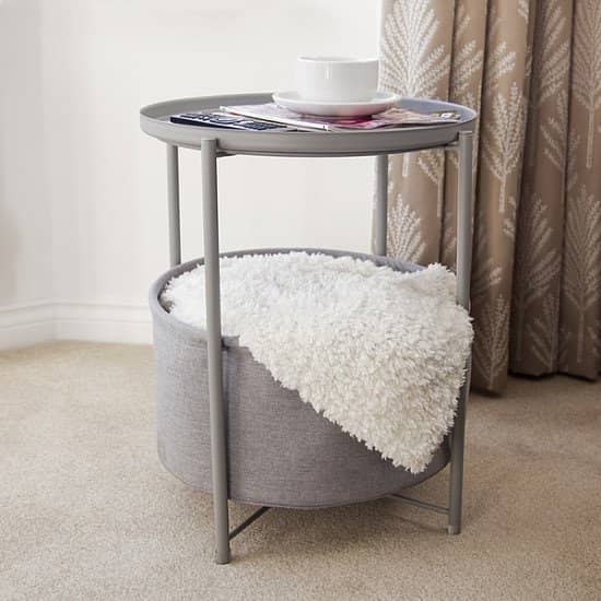 Circular End Table with Fabric Storage Basket Light Grey
