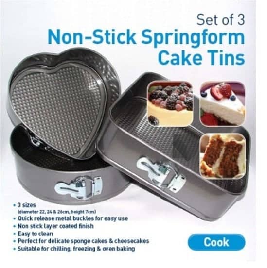 Set of 3 Non Stick Springform Cake Tins -square/round/heart