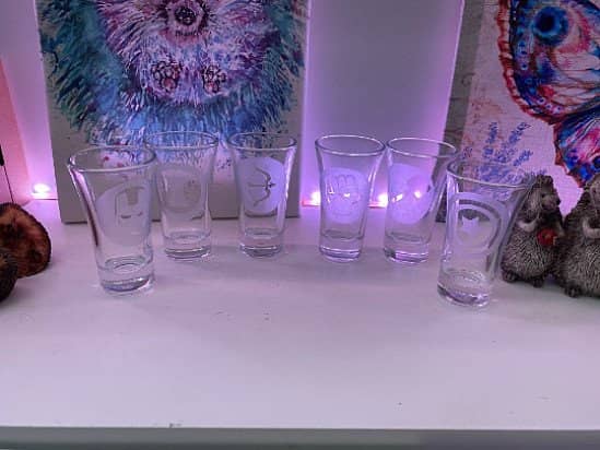 Shot glasses Hand Etched - Avengers symbols x6