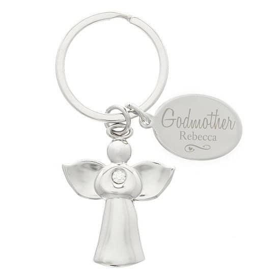 Personalised Silver Plated Swirls & Hearts Godmother Angel Keyring