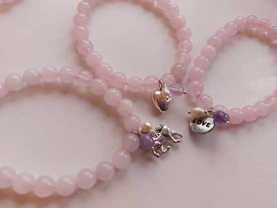 Rose quartz charm bracelets - unicorn / hearts