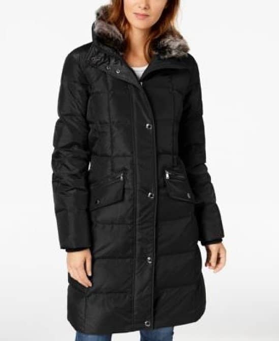 London Fog Hooded Faux-Fur-Trim Down Puffer Coat