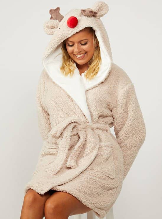 63% OFF - Hooded reindeer borg short dressing gown - Oatmeal!