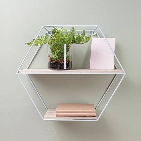 White wire hexagon wall shelf