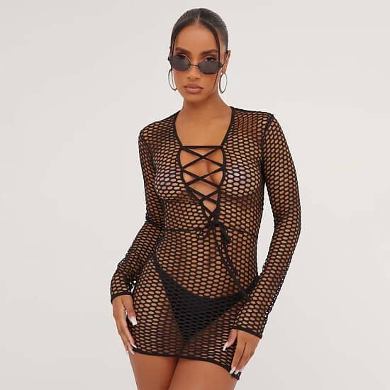 Lace Up and Save: Get a Great Deal on the Long Sleeve Plunge Neck Lace Up Detail Mini Bodycon Dress!