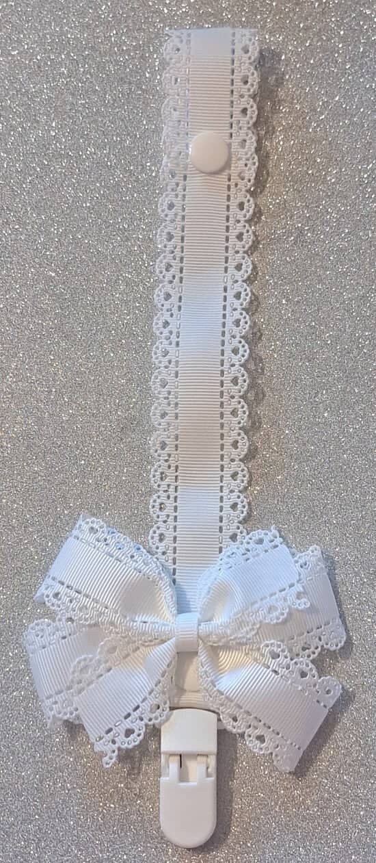 White Hollow Heart Lace Effect Bow Dummyclip or Tubieclip