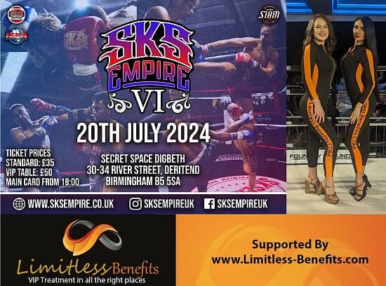 Win 2 free tickets to SKS 6 Muay Thai Boxing Limitless Benefits Ring Girls Birmingham