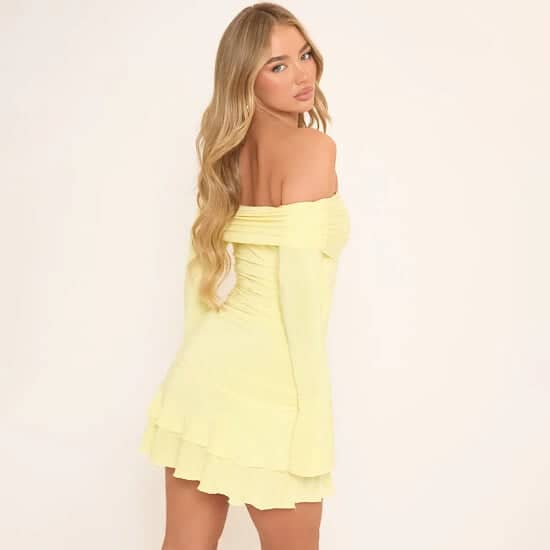 🌟 41% Off! Long Sleeve Bardot Mini Dress in Yellow Slinky 💛✨