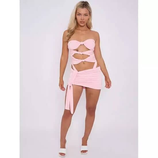 Cut Out Knot Front Bandeau Bodysuit & Mini Skirt Co-ord