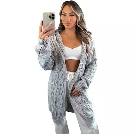 GREY Cable Knitted Longline Hooded Chunky Cardigan