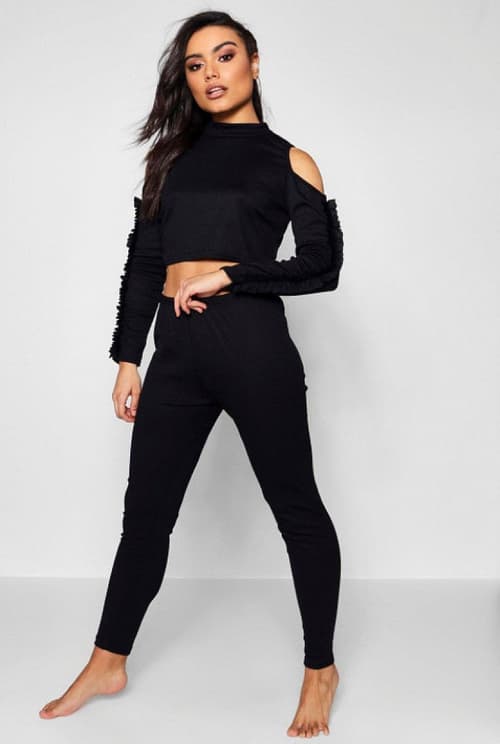 £10 OFF - Ribbed Cold Shoulder & Ruffle Legging Set!