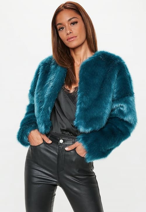 GET 50% OFF - teal collarless faux fur coat!