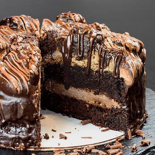 A rich chocolate frosting sandwiched between a spongy chocolate cake!