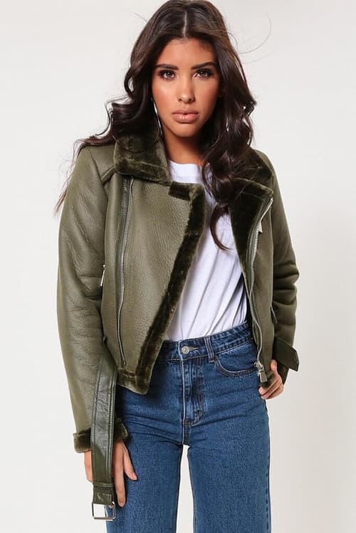 SALE - Khaki Cropped Faux Fur Lined Soft Aviator Jacket!