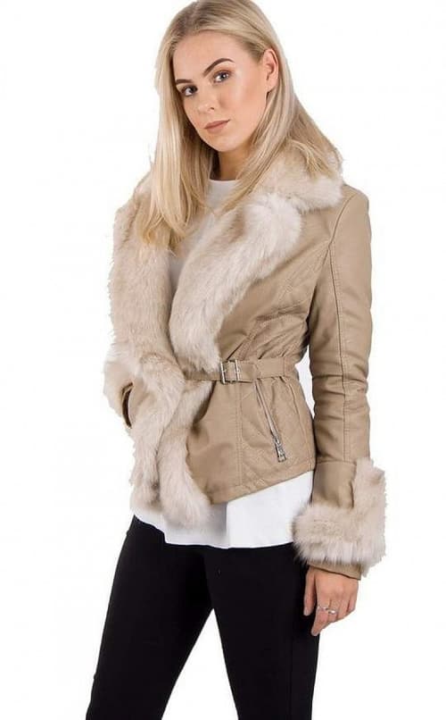 BEIGE FAUX FUR BELTED LEATHER LOOK BIKER JACKET