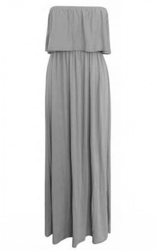GREY STRAPLESS FRILL MAXI DRESS
