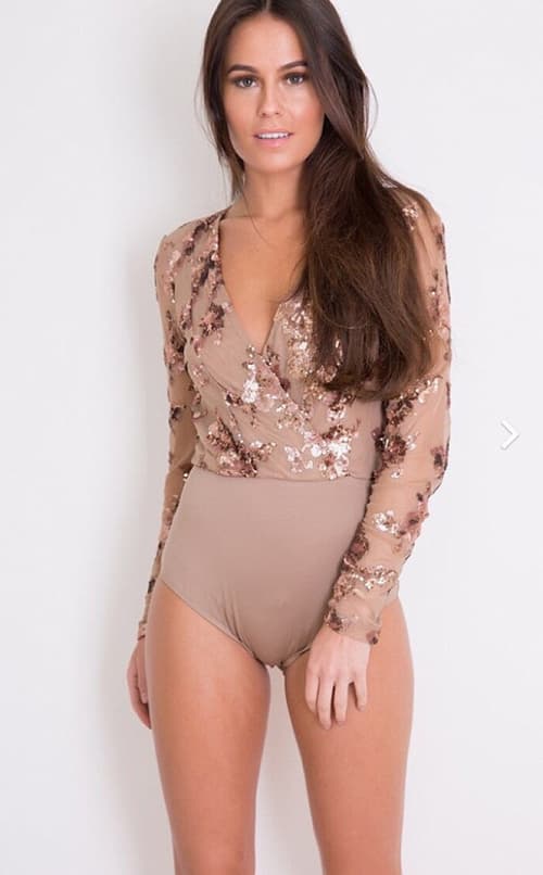 MOCHA SEQUIN WRAP BODYSUIT