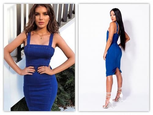 BRIGHT BLUE STRETCH DENIM MIDI DRESS