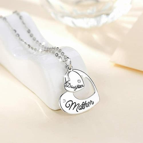 Mother and Daughter Necklace, Bithstone Double Heart 925 Sterling Silver Pendant