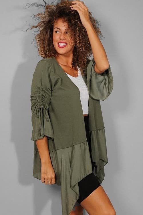 KHAKI DRAWSTRING SLEEVES CARDIGAN