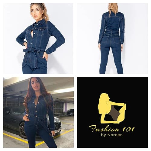 Button Front Long Sleeve Self Belt Skinny Denim Jumpsuit for only £29.99