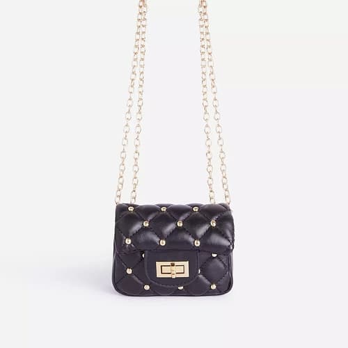 SALE - Birdy Studded Detail Quilted Mini Bag In Black Faux Leather