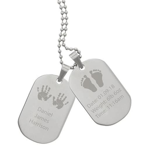 Personalised Hands and Feet New Baby Stainless Steel Double Dog Tag Necklace