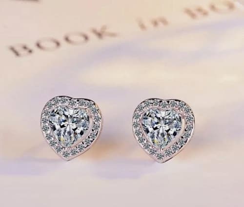 Heart Crystal Stone Stud Earrings 925 Sterling Silver