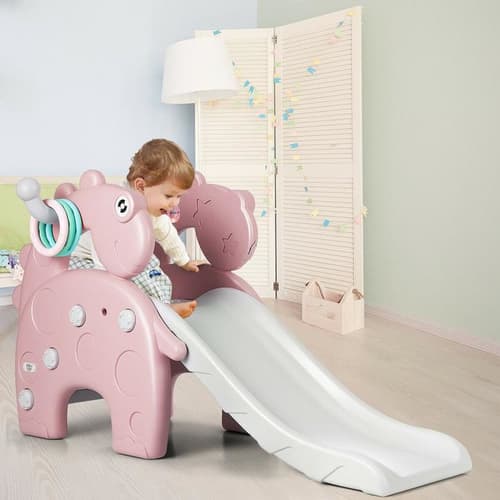 Pink 4-in-1 Kids Dinosaur shaped Slide, with Climbing, Basketball Hoop, and Ring Toss Game Free Post