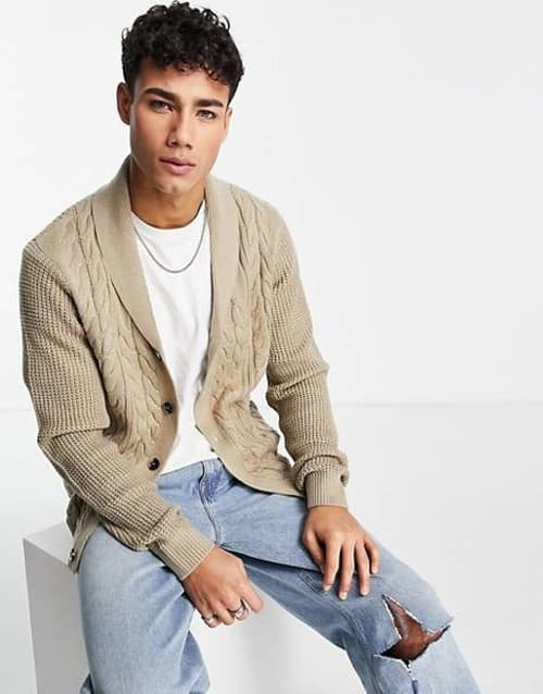 New Look cable front shawl neck cardigan in stone - £23.00!