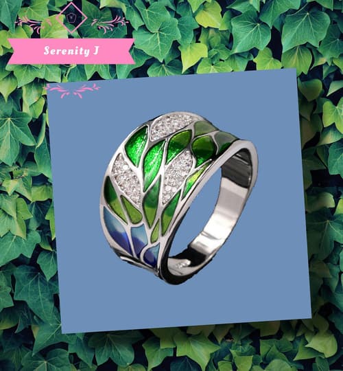 925 Silver Green Leaf Enamel Wide Ring £25.95