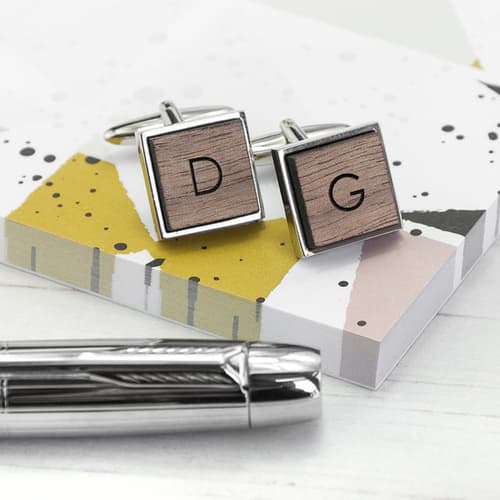 Monogram Engraved Square Walnut Cufflinks