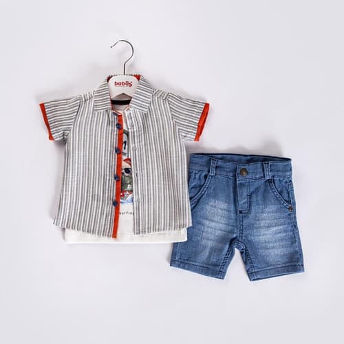 Baby Boys Three Piece Teddy T-Shirt, Stripe Shirt & Denim Shorts Set (9-24M)