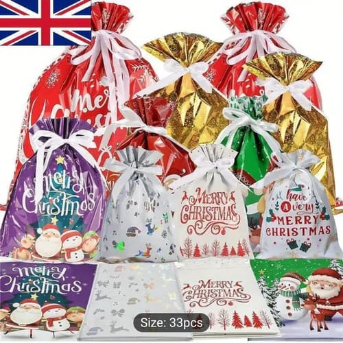 33pcs Christmas Bag Christmas Wrapping Bags for Gifts Present Sacks Drawstring Packing