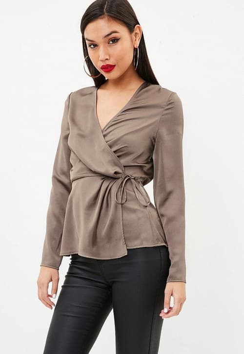 30% off tops & bottoms: brown satin wrap tie side blouse £24.00!